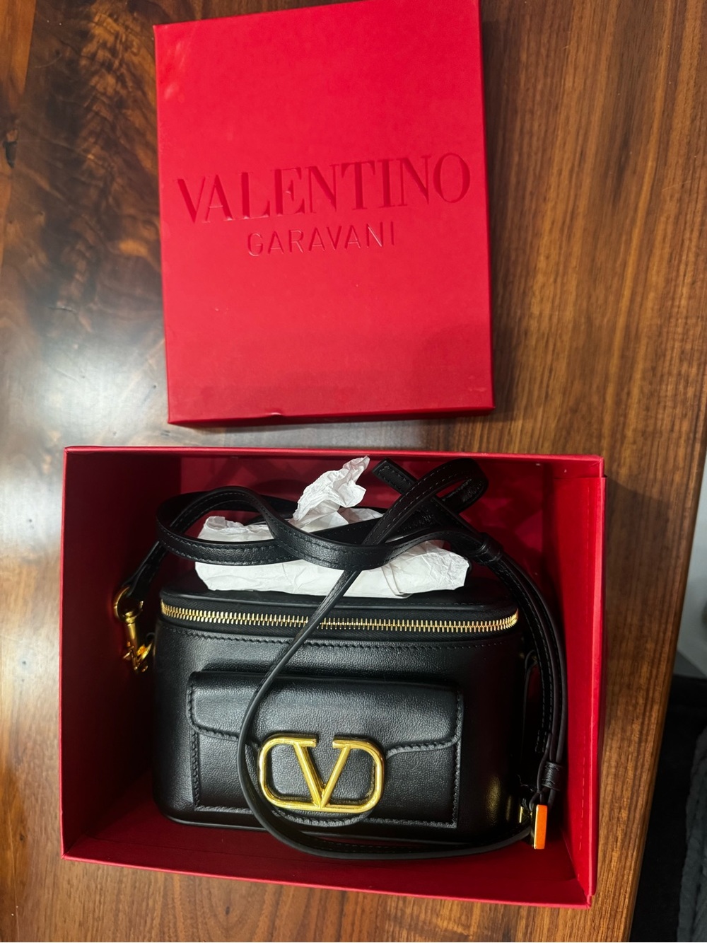 Valentino Garavani Black Leather Crossbody with Gold V Logo
